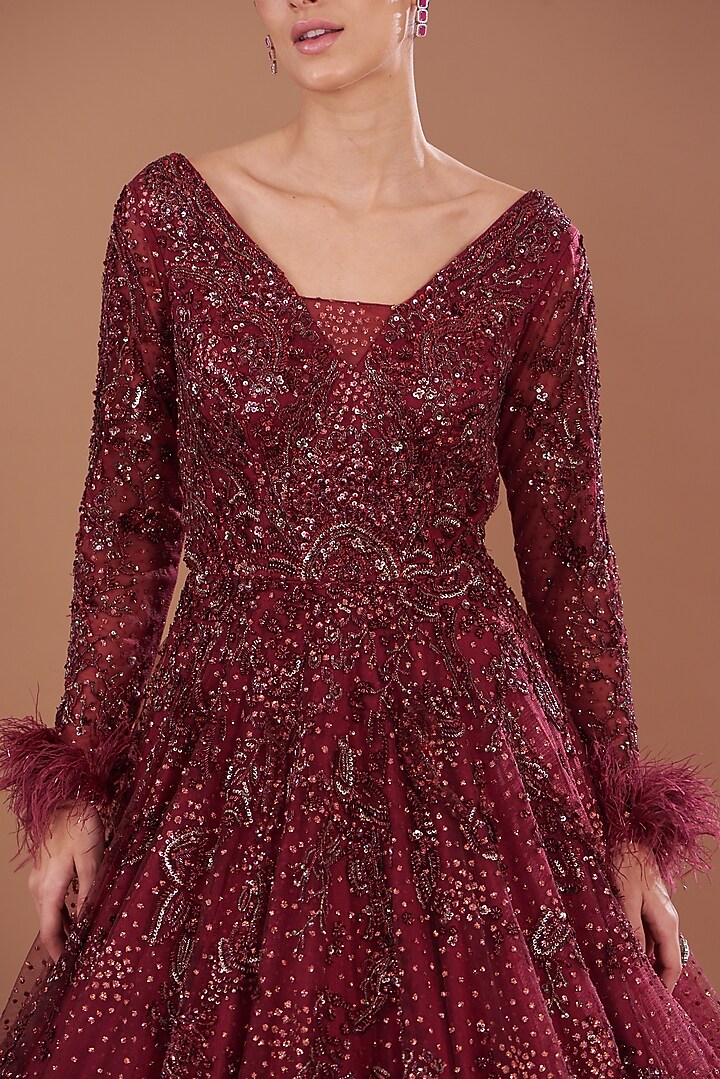 Wine Tulle Embroidered Bridal Gown by Dolly J at Pernia's Pop Up Shop
