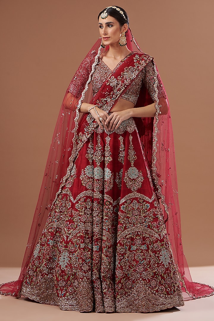 Red Raw Silk Embroidered Lehenga Set by Dolly J