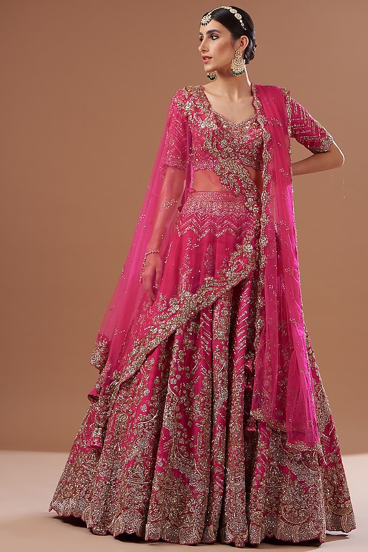 Crimson Red Raw Silk Embroidered Lehenga Set Design by Dolly J at