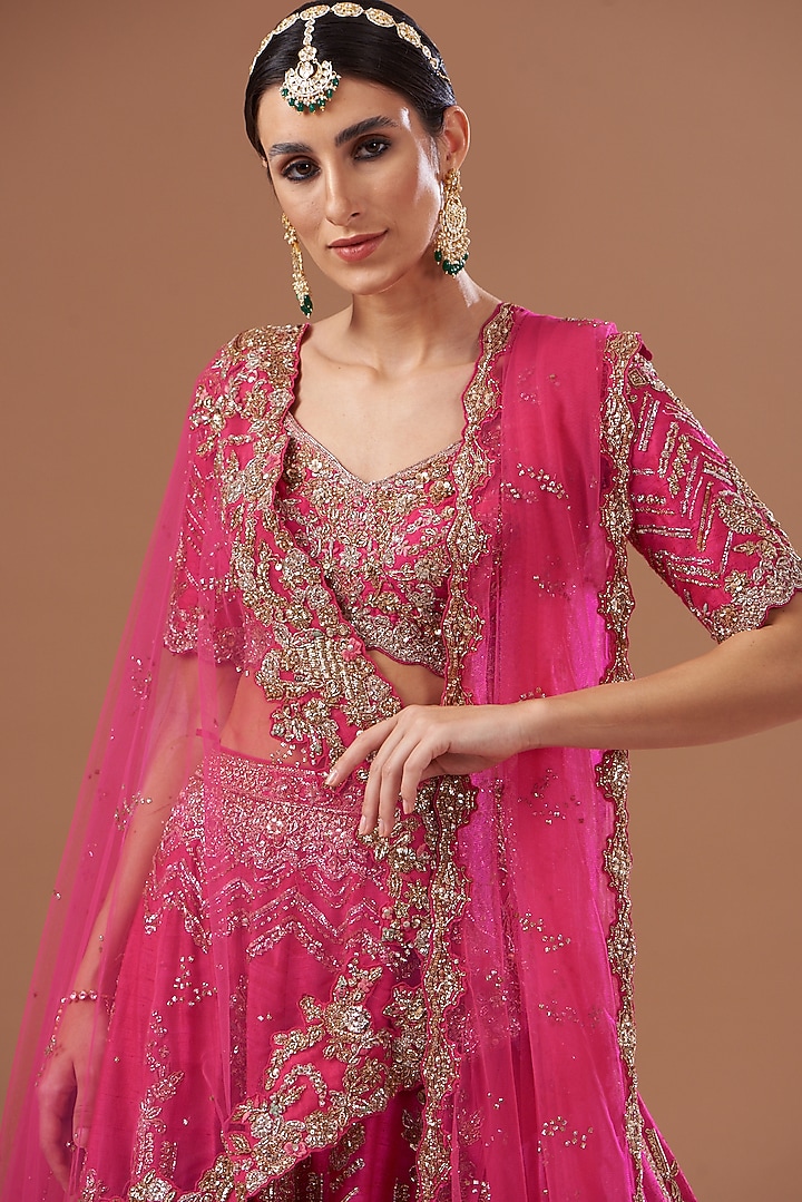 Crimson Red Raw Silk Embroidered Bridal Lehenga Set by Dolly J at Pernia's Pop Up Shop