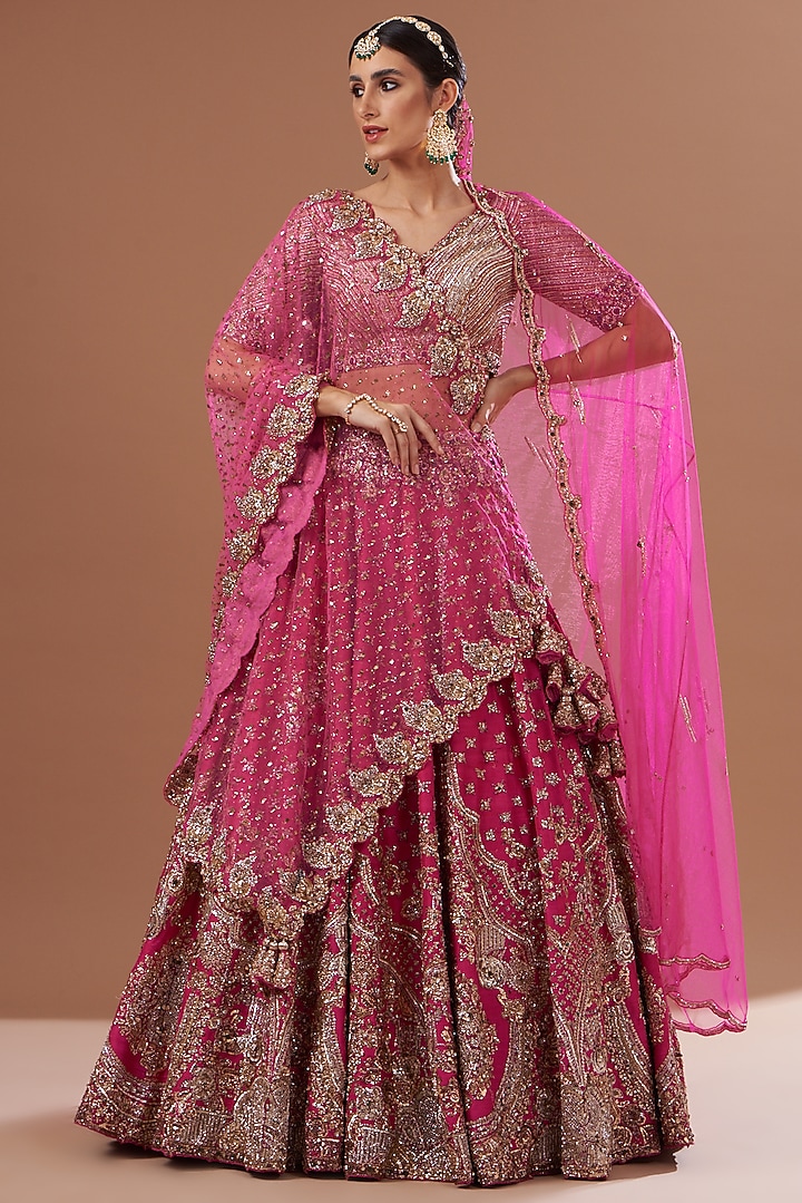 Crimson Red Raw Silk Embroidered Lehenga Set Design by Dolly J at