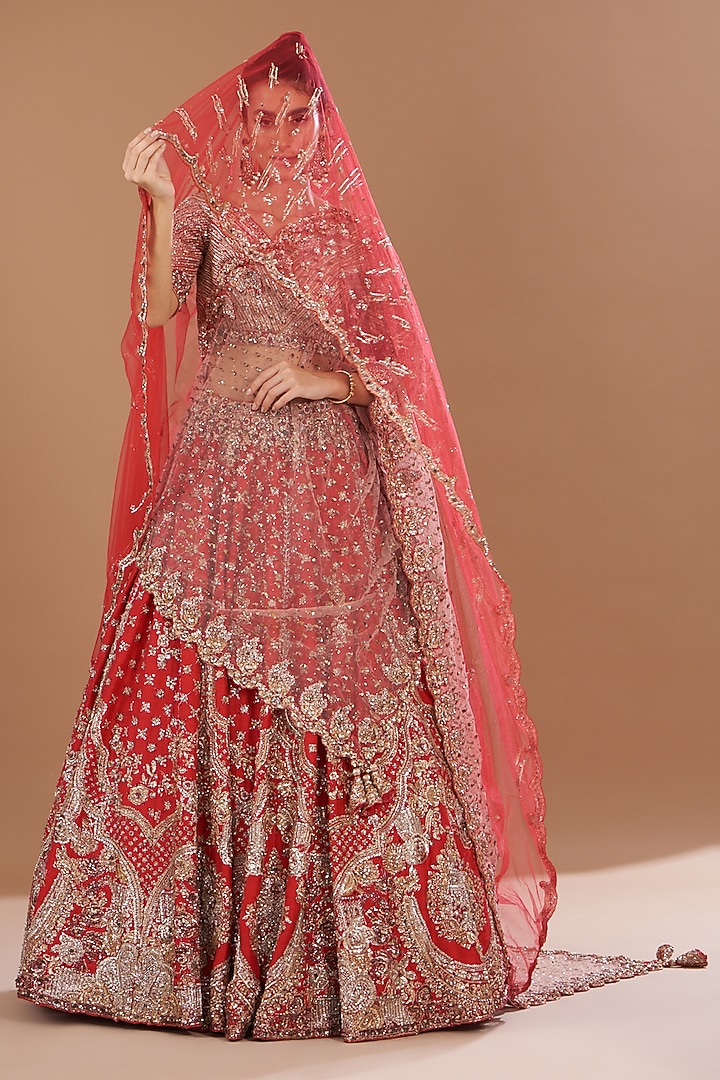 Red Raw Silk Embroidered Bridal Lehenga Set by Dolly J at Pernia's Pop Up Shop