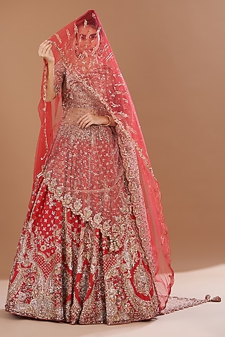 Red Raw Silk Embroidered Lehenga Set by Dolly J