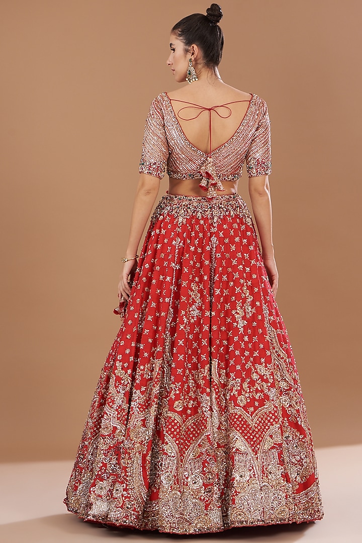 Red Raw Silk Embroidered Bridal Lehenga Set by Dolly J at Pernia's Pop Up Shop
