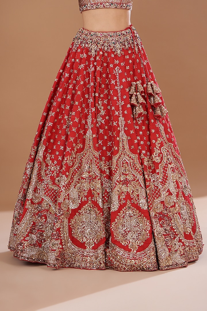 Red Raw Silk Embroidered Bridal Lehenga Set by Dolly J at Pernia's Pop Up Shop