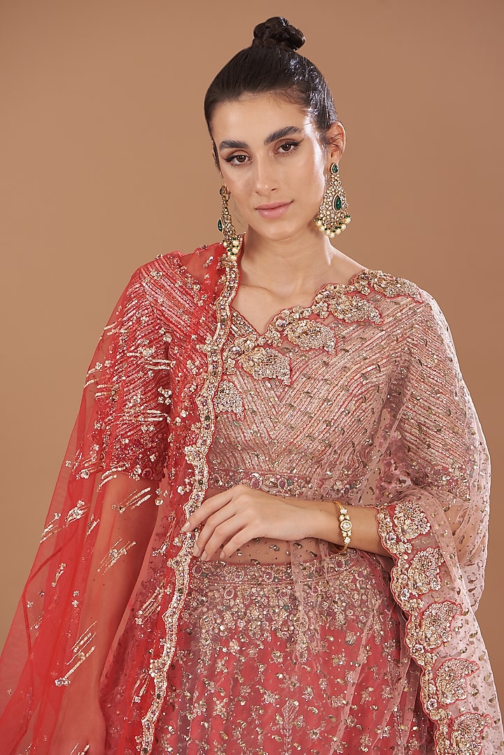 Red Raw Silk Embroidered Bridal Lehenga Set by Dolly J at Pernia's Pop Up Shop