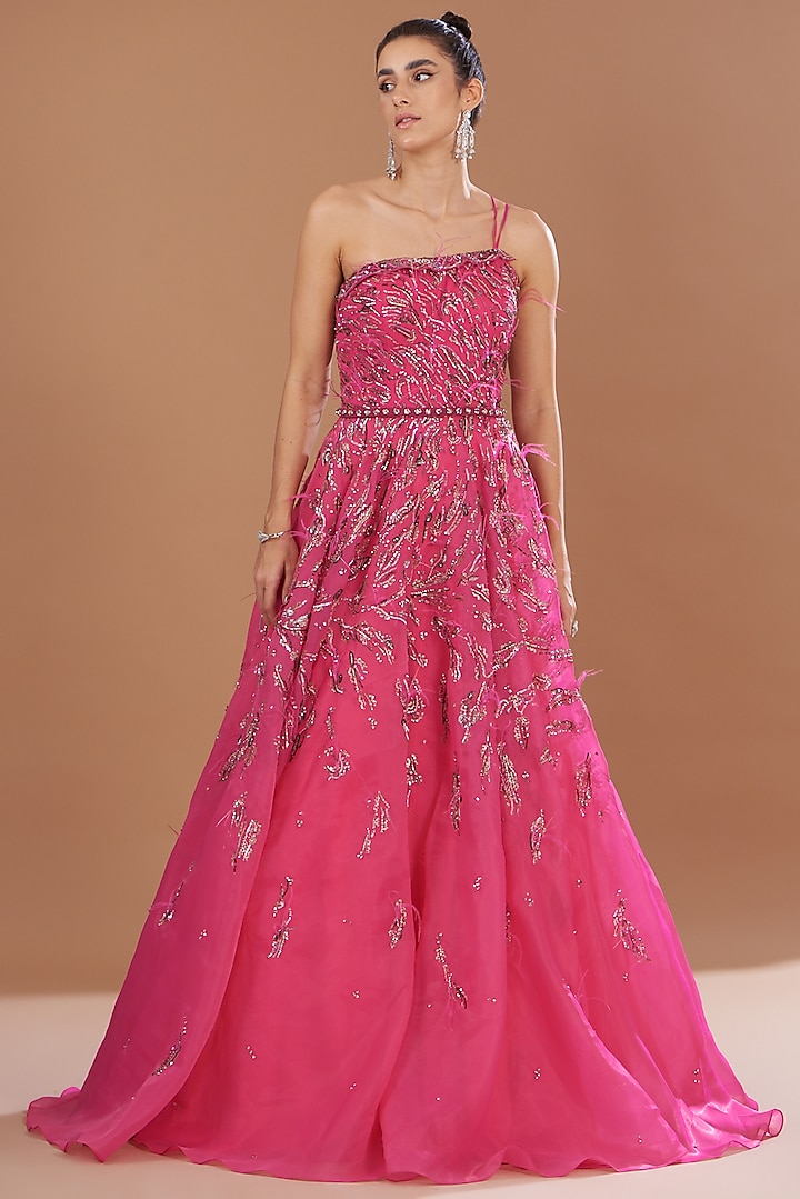 Fuchsia Organza Embellished Gown by Dolly J at Pernia's Pop Up Shop