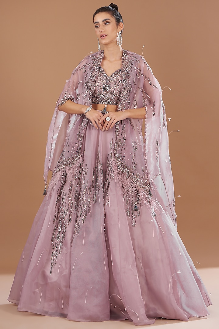 Lavender Organza Embroidered Lehenga Set by Dolly J