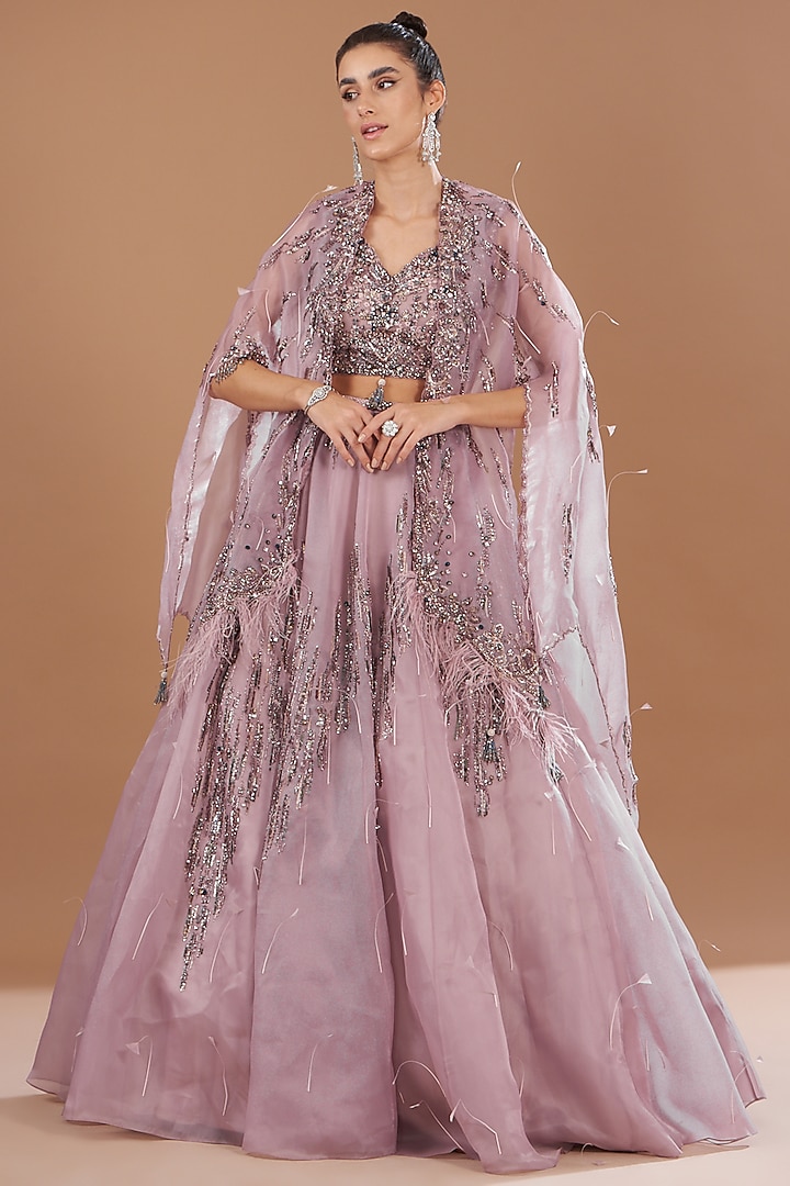 Lavender Organza Embroidered Bridal Lehenga Set by Dolly J at Pernia's Pop Up Shop