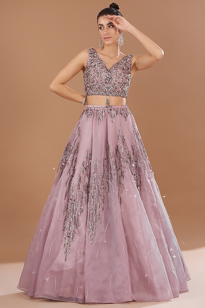 Lavender Organza Embroidered Bridal Lehenga Set by Dolly J at Pernia's Pop Up Shop