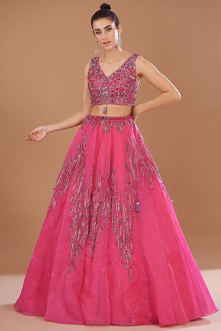 Fuchsia Organza Embroidered Bridal Lehenga Set by Dolly J at Pernia's Pop Up Shop