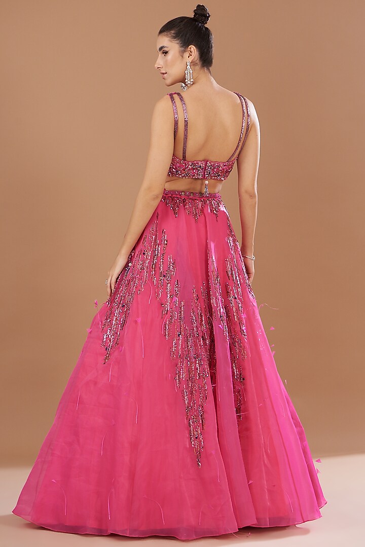 Fuchsia Organza Embroidered Bridal Lehenga Set by Dolly J at Pernia's Pop Up Shop