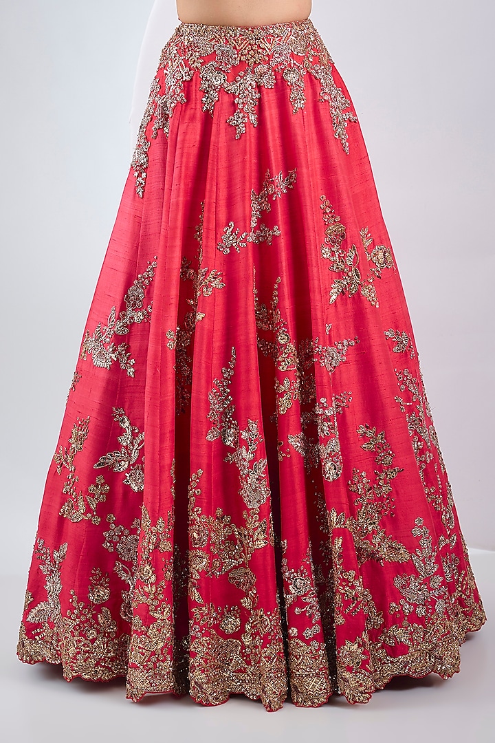 Red Raw Silk Kamdani Work Bridal Lehenga Set by Dolly J at Pernia's Pop Up Shop
