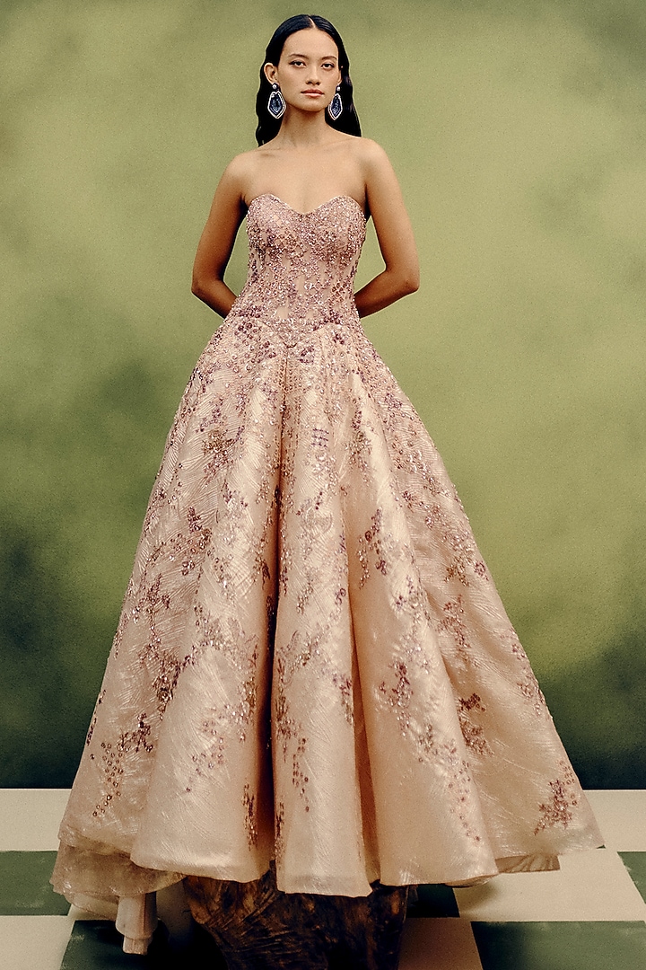 Beige Organza Tissue Hand Embroidered Ball Bridal Gown by Dolly J at Pernia's Pop Up Shop