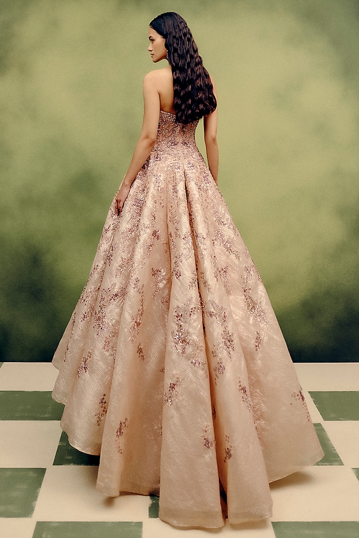 Beige Organza Tissue Hand Embroidered Ball Bridal Gown by Dolly J at Pernia's Pop Up Shop