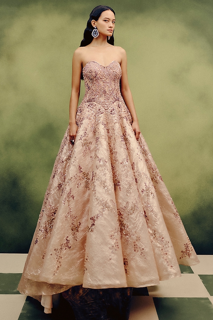 Beige Organza Tissue Hand Embroidered Ball Bridal Gown by Dolly J at Pernia's Pop Up Shop
