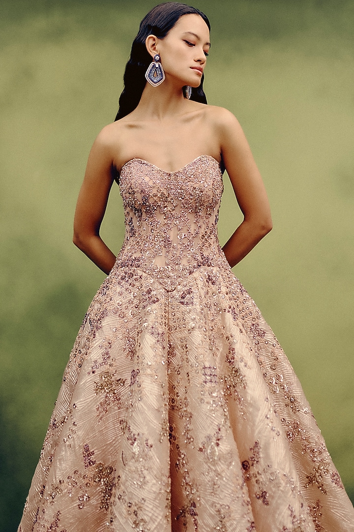 Beige Organza Tissue Hand Embroidered Ball Bridal Gown by Dolly J at Pernia's Pop Up Shop