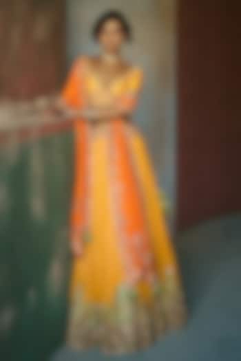 Marigold Yellow Chiffon Kamdani Kalidar Bridal Lehenga Set by Dolly J at Pernia's Pop Up Shop