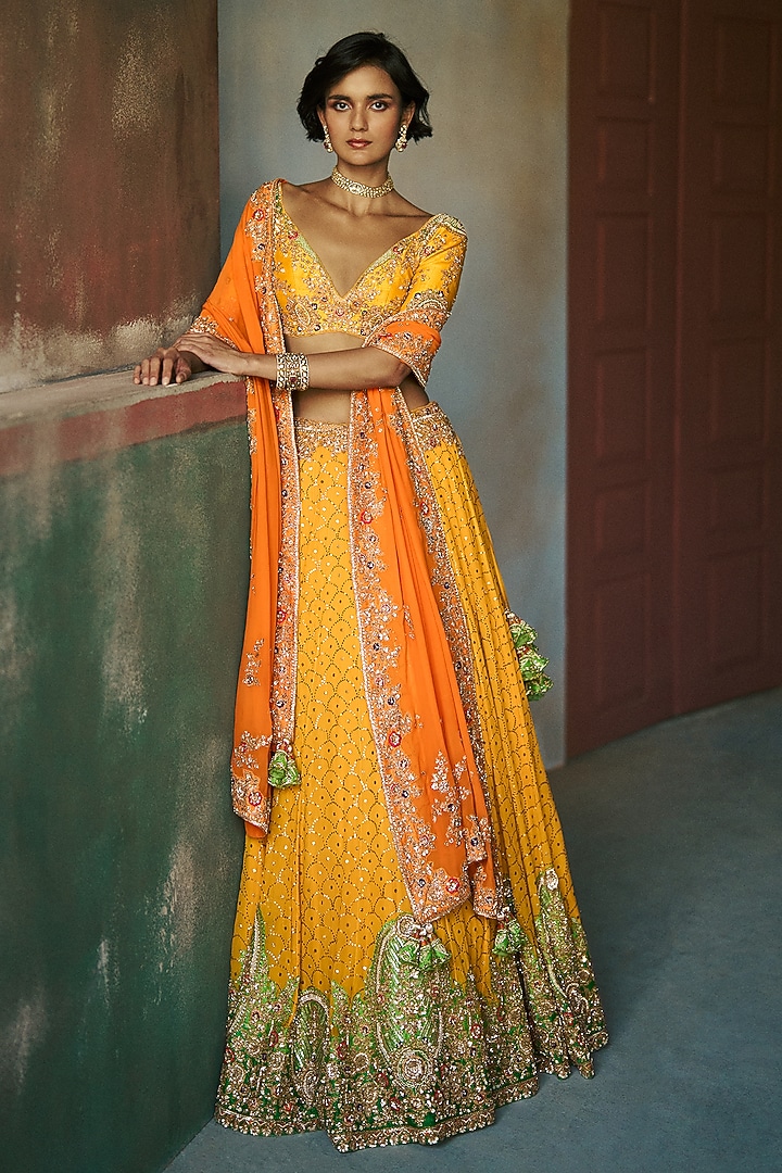 Marigold Yellow Chiffon Kamdani Kalidar Bridal Lehenga Set by Dolly J at Pernia's Pop Up Shop