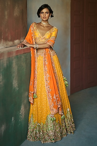 Marigold Yellow Chiffon Kamdani Kalidar Lehenga Set by Dolly J