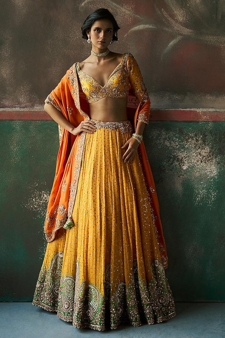Marigold Yellow Chiffon Kamdani Kalidar Bridal Lehenga Set by Dolly J at Pernia's Pop Up Shop