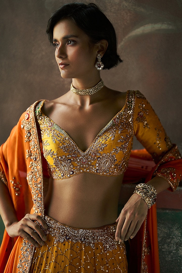 Marigold Yellow Chiffon Kamdani Kalidar Bridal Lehenga Set by Dolly J at Pernia's Pop Up Shop
