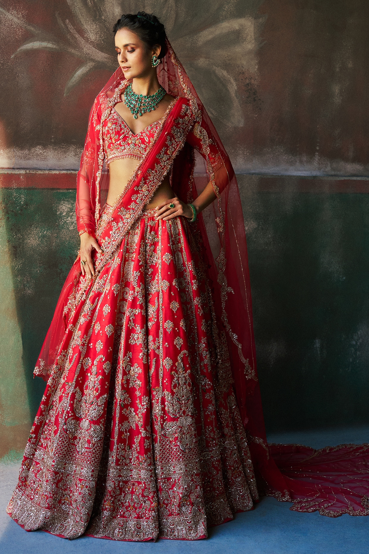 Dolly J Deep Scarlet Silk Hand Embroidered Bridal Lehenga Set