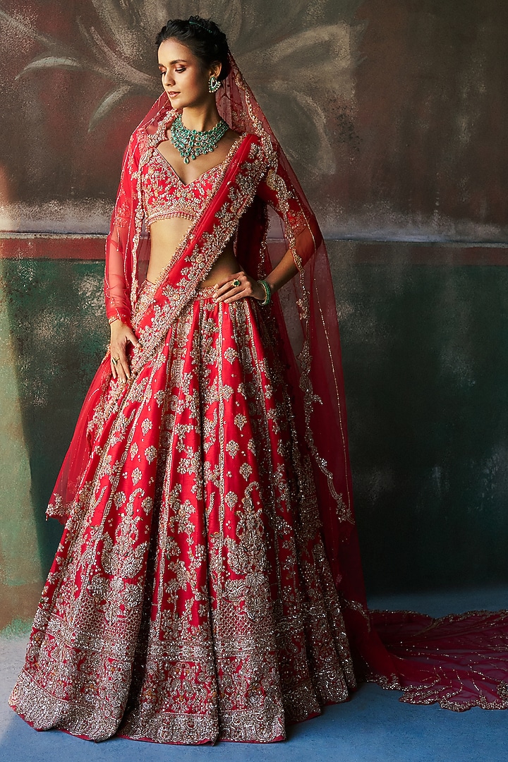 Deep Scarlet Silk Hand Embroidered Bridal Bridal Lehenga Set by Dolly J at Pernia's Pop Up Shop