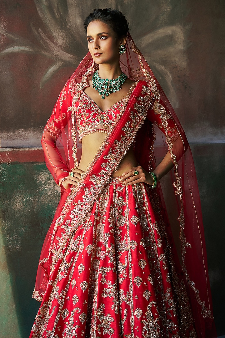 Deep Scarlet Silk Hand Embroidered Bridal Bridal Lehenga Set by Dolly J at Pernia's Pop Up Shop