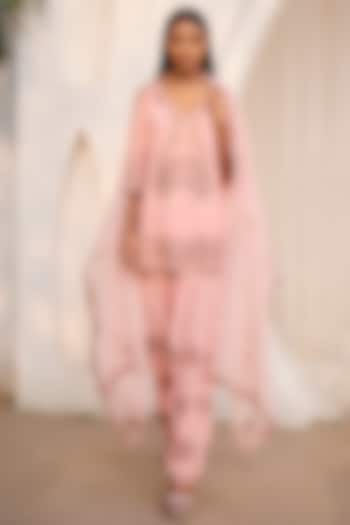 Blush Pink Crepe & Organza Embroidered Kurta Set by Dolly J at Pernia's Pop Up Shop