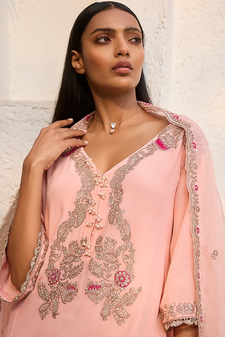 Blush Pink Crepe & Organza Embroidered Kurta Set by Dolly J at Pernia's Pop Up Shop