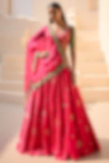 Magenta Silk Banarasi Embroidered Bridal Lehenga Set by Dolly J at Pernia's Pop Up Shop