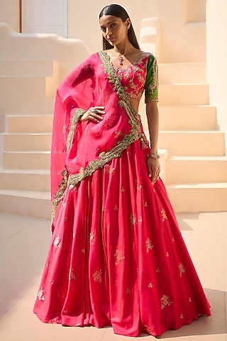 Magenta Silk Banarasi Embroidered Lehenga Set by Dolly J