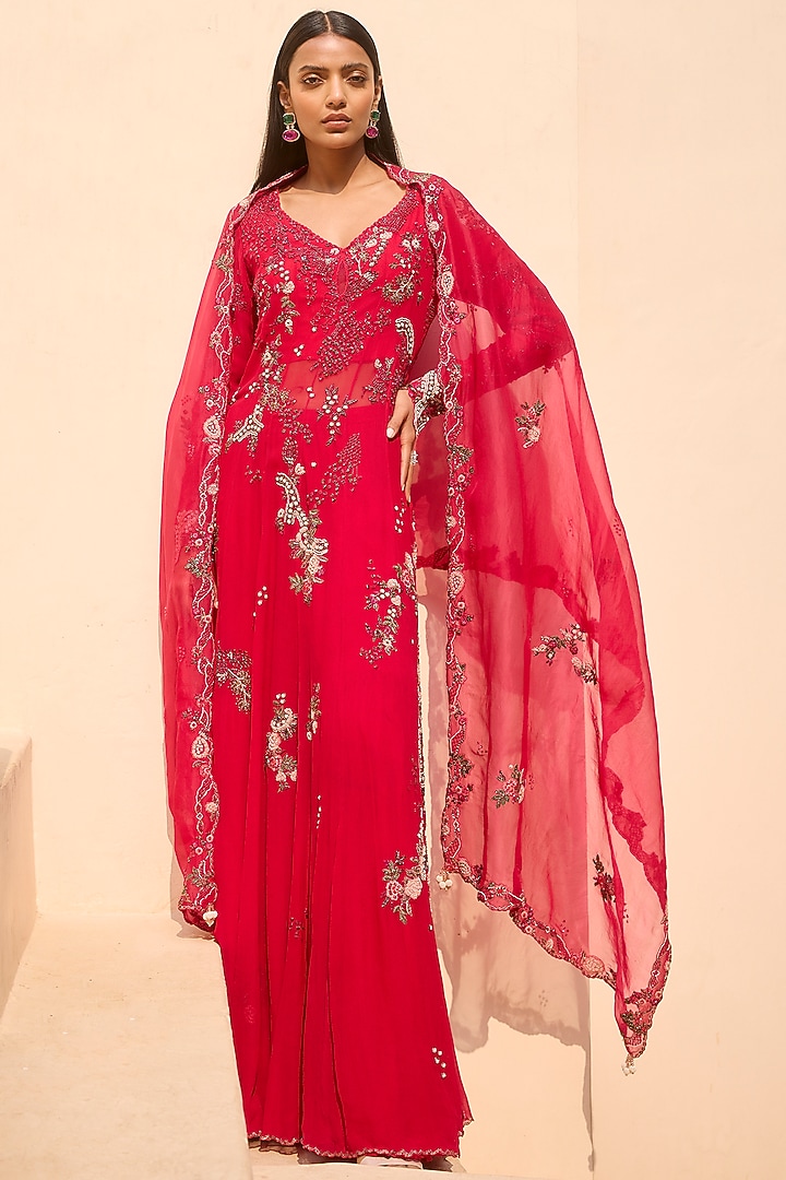Magenta Chiffon Kasab Embroidered Kurta Set by Dolly J at Pernia's Pop Up Shop