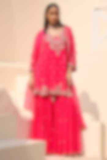 Fuchsia Pink Chiffon Sequins Embroidered Kurta Set by Dolly J at Pernia's Pop Up Shop