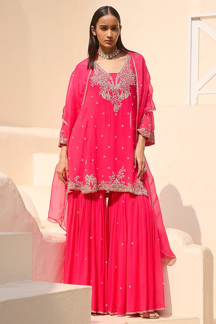 Fuchsia Pink Chiffon Sequins Embroidered Kurta Set by Dolly J at Pernia's Pop Up Shop