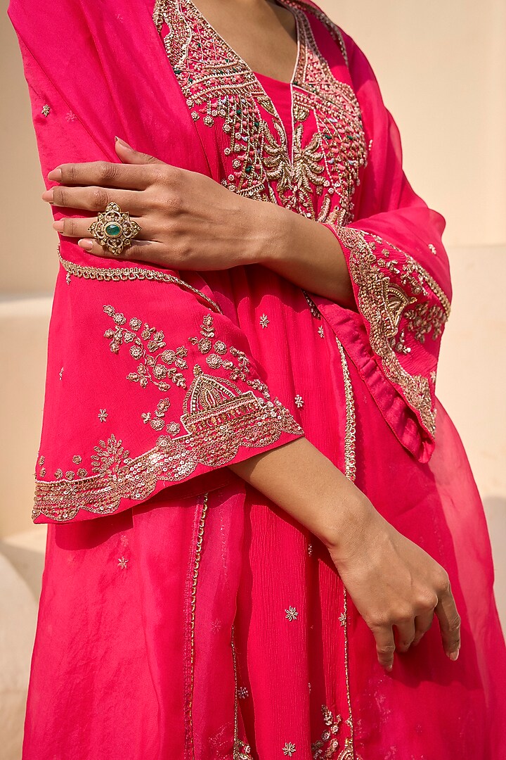 Fuchsia Pink Chiffon Sequins Embroidered Kurta Set by Dolly J at Pernia's Pop Up Shop
