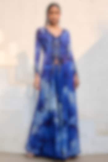 Royal Blue Chiffon Sequins Embroidered Wedding Sharara Set by Dolly J at Pernia's Pop Up Shop