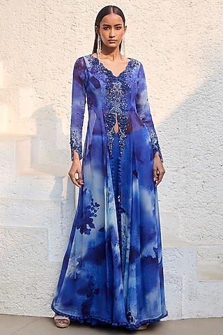 Royal Blue Chiffon Sequins Embroidered Sharara Set by Dolly J