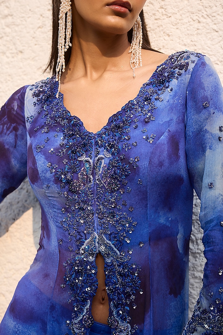 Royal Blue Chiffon Sequins Embroidered Wedding Sharara Set by Dolly J at Pernia's Pop Up Shop