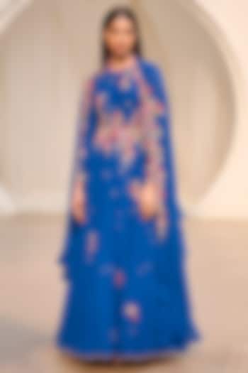 Royal Blue Chiffon Hand-Embroidered Bridal Anarkali Set by Dolly J at Pernia's Pop Up Shop