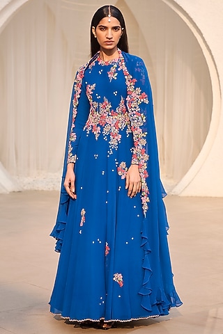 Royal Blue Chiffon Hand-Embroidered Anarkali Set by Dolly J