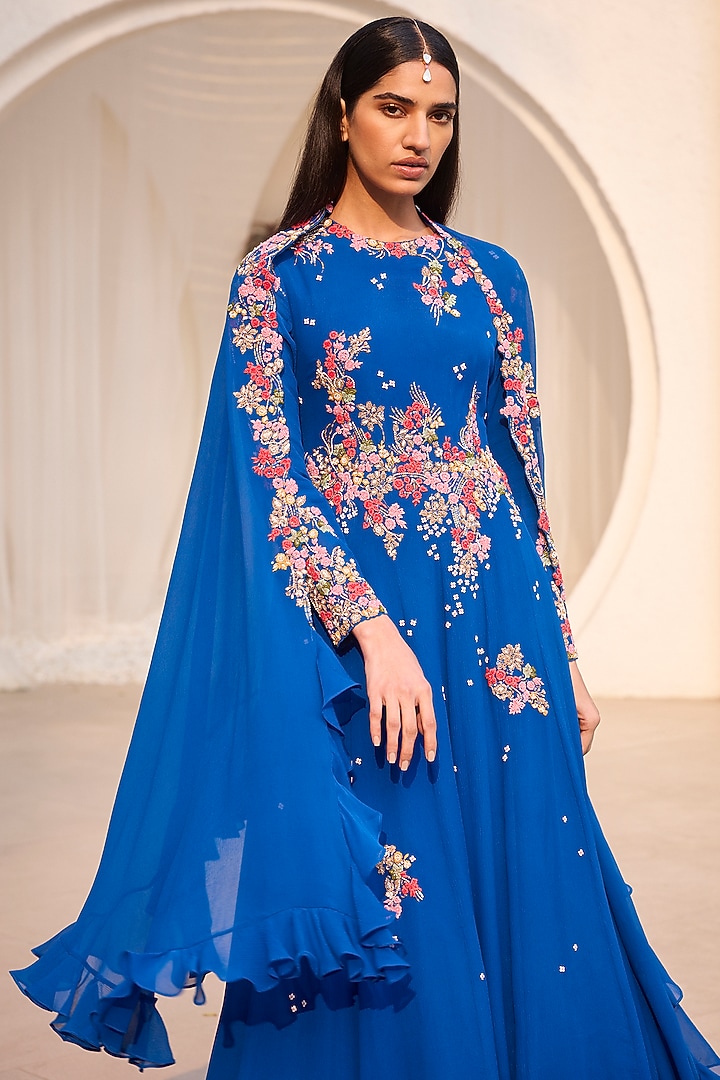 Royal Blue Chiffon Hand-Embroidered Bridal Anarkali Set by Dolly J at Pernia's Pop Up Shop