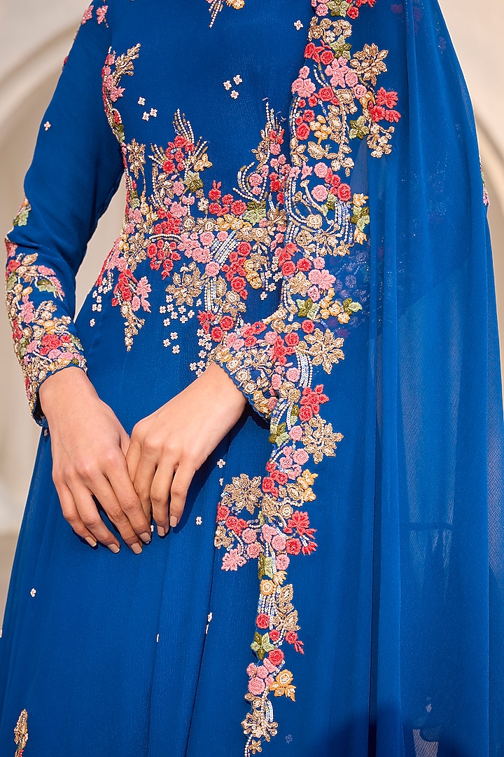 Royal Blue Chiffon Hand-Embroidered Bridal Anarkali Set by Dolly J at Pernia's Pop Up Shop