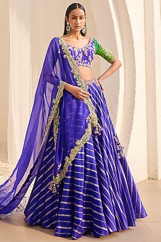 Violet Silk Hand Embroidered Banarasi Lehenga Set by Dolly J