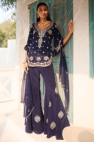 Blue Crepe Embroidered Sharara Set by Dolly J