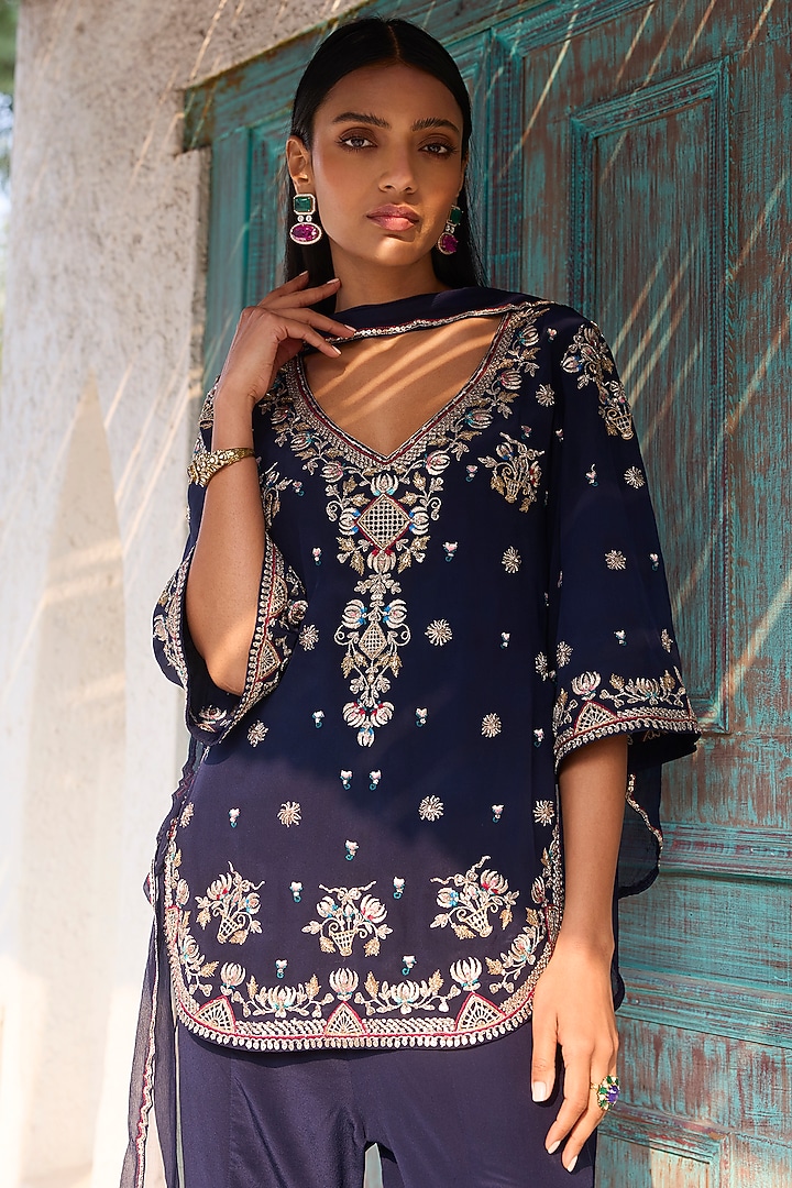 Blue Crepe Embroidered Bridal Sharara Set by Dolly J at Pernia's Pop Up Shop