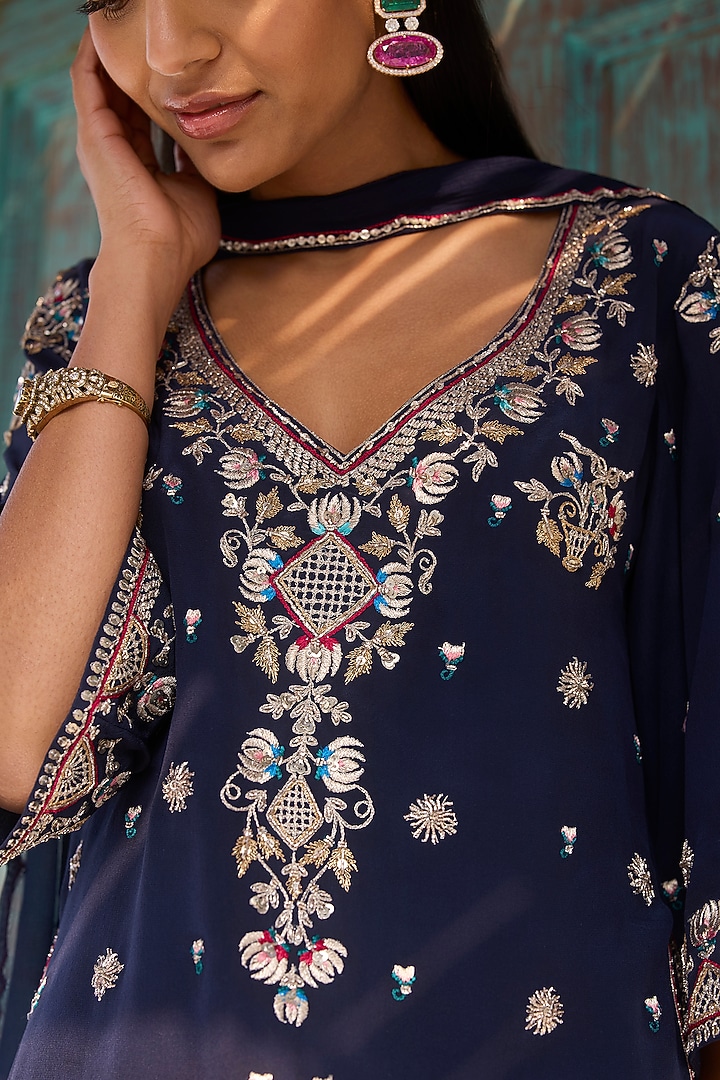 Blue Crepe Embroidered Bridal Sharara Set by Dolly J at Pernia's Pop Up Shop