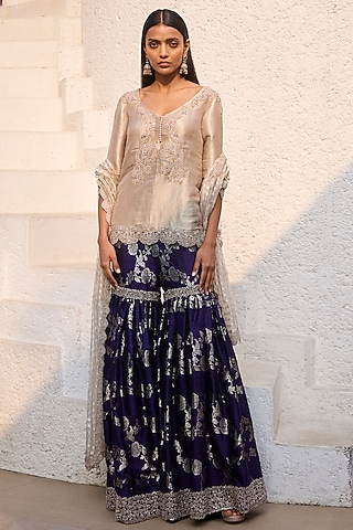 Blue Jamawar Embroidered Sharara Set by Dolly J