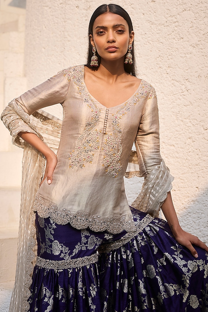 Blue Jamawar Embroidered Bridal Sharara Set by Dolly J at Pernia's Pop Up Shop